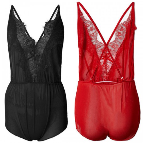 Sexy Deep V Bust Lace-trimmed Satin Nightwear One-Piece Bodysuit Teddy Babydoll Sleepwear Sexy Deep V Bust Lace-trimmed Satin Nightwear One-Piece Bodysuit Teddy Babydoll Sleepwear