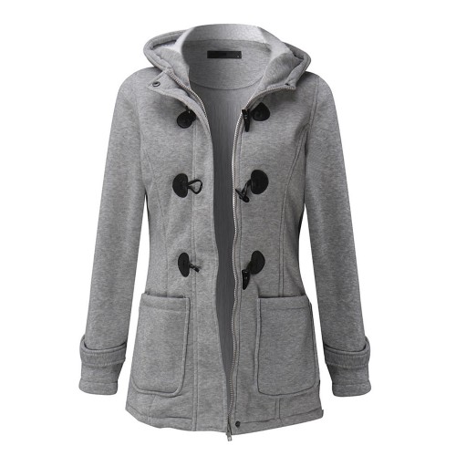 Casual Women Long Sleeve Solid Color Hooded Horn Buttons Coat Casual Women Long Sleeve Solid Color Hooded Horn Buttons Coat