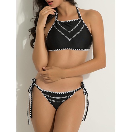 Women Sexy High Neck Halter Bandage Geometry Printed Hollow Out Bikini Set Beachwear Women Sexy High Neck Halter Bandage Geometry Printed Hollow Out Bikini Set Beachwear