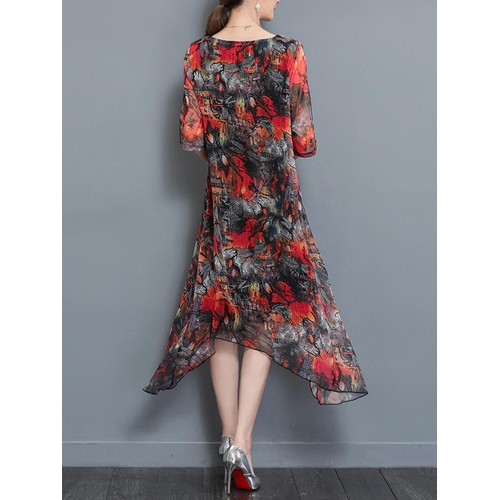 Summer Women Dress Floral Double Fabric Irregular Hem Short Sleeve Dresses Summer Women Dress Floral Double Fabric Irregular Hem Short Sleeve Dresses