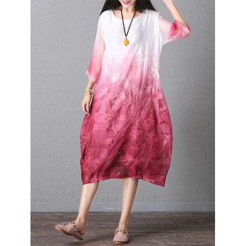 Retro Brand Gradient Dye Print Dress Color Embroidery Half Sleeve Linen Dress Retro Brand Gradient Dye Print Dress Color Embroidery Half Sleeve Linen Dress