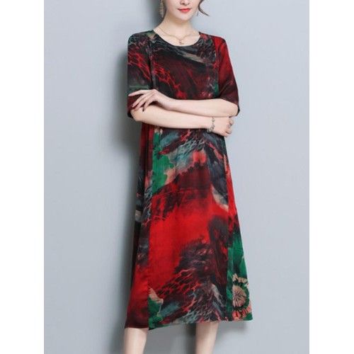 Floral Print O-neck Half Sleeve Dress Floral Print O-neck Half Sleeve Dress