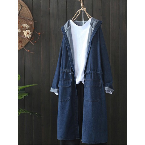 Casual Women Drawstring Long Sleeve Hooded Denim Coats with Pockets Casual Women Drawstring Long Sleeve Hooded Denim Coats with Pockets