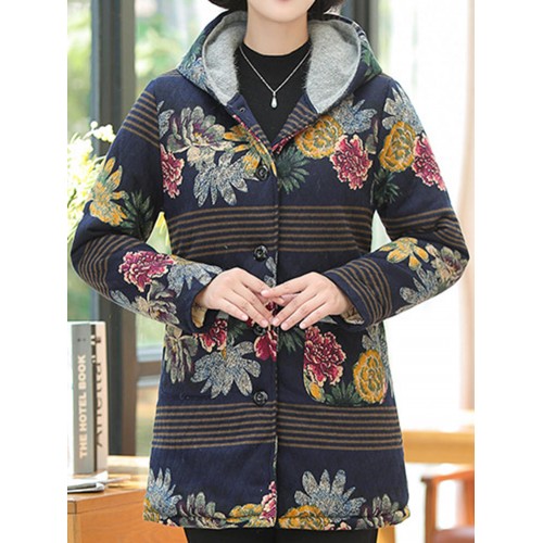 Vintage Women Floral Print Patchwork Button Long Sleeve Hooded Coats Vintage Women Floral Print Patchwork Button Long Sleeve Hooded Coats