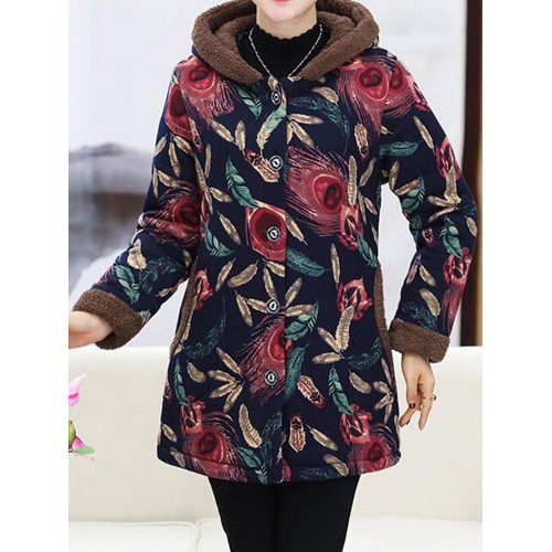 Women Retro Floral Print Buttons Long Sleeve Hooded Coats Women Retro Floral Print Buttons Long Sleeve Hooded Coats