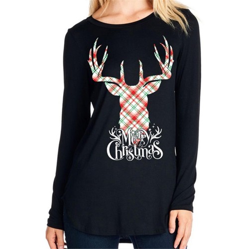Casual Women Elk Letter Animals Printed Loose Long Sleeve O-Neck T-Shirts Casual Women Elk Letter Animals Printed Loose Long Sleeve O-Neck T-Shirts