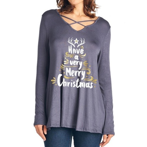 Casual Women Christmas Letter Print Front Cross Crew Neck Long Sleeve T-Shirts Casual Women Christmas Letter Print Front Cross Crew Neck Long Sleeve T-Shirts