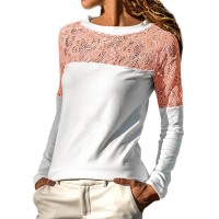S-5XL Women Lace Patchwork Hollow Out Crew Neck Long Sleeve Blouse