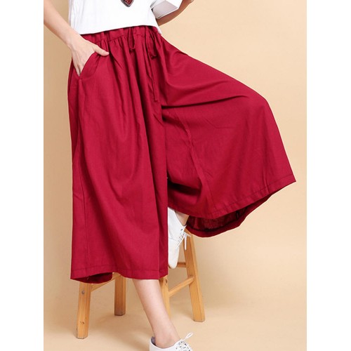 Women Wide Leg Solid Color Cotton Linen Elastic Waist Pants Women Wide Leg Solid Color Cotton Linen Elastic Waist Pants