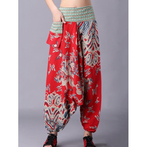 Retro Women Folk Style Print Elastic Waist Pants Retro Women Folk Style Print Elastic Waist Pants