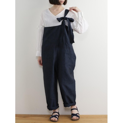 Women Japanese Style Cotton Linen Bow Shoulder Trouser Pants Women Japanese Style Cotton Linen Bow Shoulder Trouser Pants
