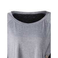 Women Casual Button O-neck Patchwork Long Sleeve T-shirts