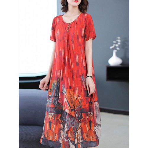 Plus Size Art Print Short Sleeve Elegant Women Dress Plus Size Art Print Short Sleeve Elegant Women Dress